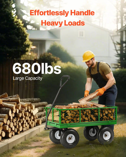 Tuinwagen - Tuinkar - Heavy-duty - 680 lb Draagkracht - 2-in-1 Plat- en - Hekwerkontwerp - 360° Draaibare Wielen - Voor Tuin - Erf en Magazijn - Ergonomische Handgreep - QUORE