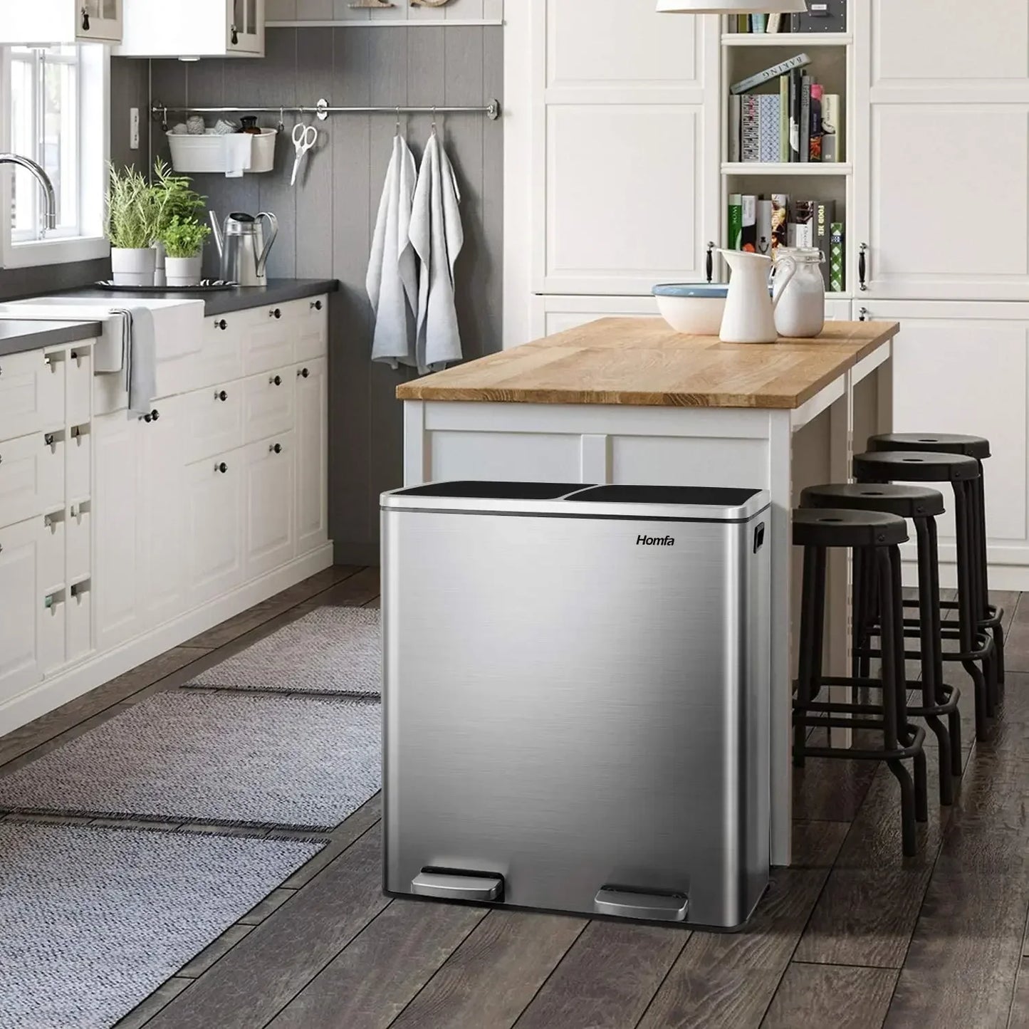 Prullenbak - Prullenbak 60L - Prullenbakken - Prullenmand - RVS - Prullenbak met Voetpedaal - Handsfree, Dubbel Compartiment & Soft-Close Deksel - Wit - QUORE