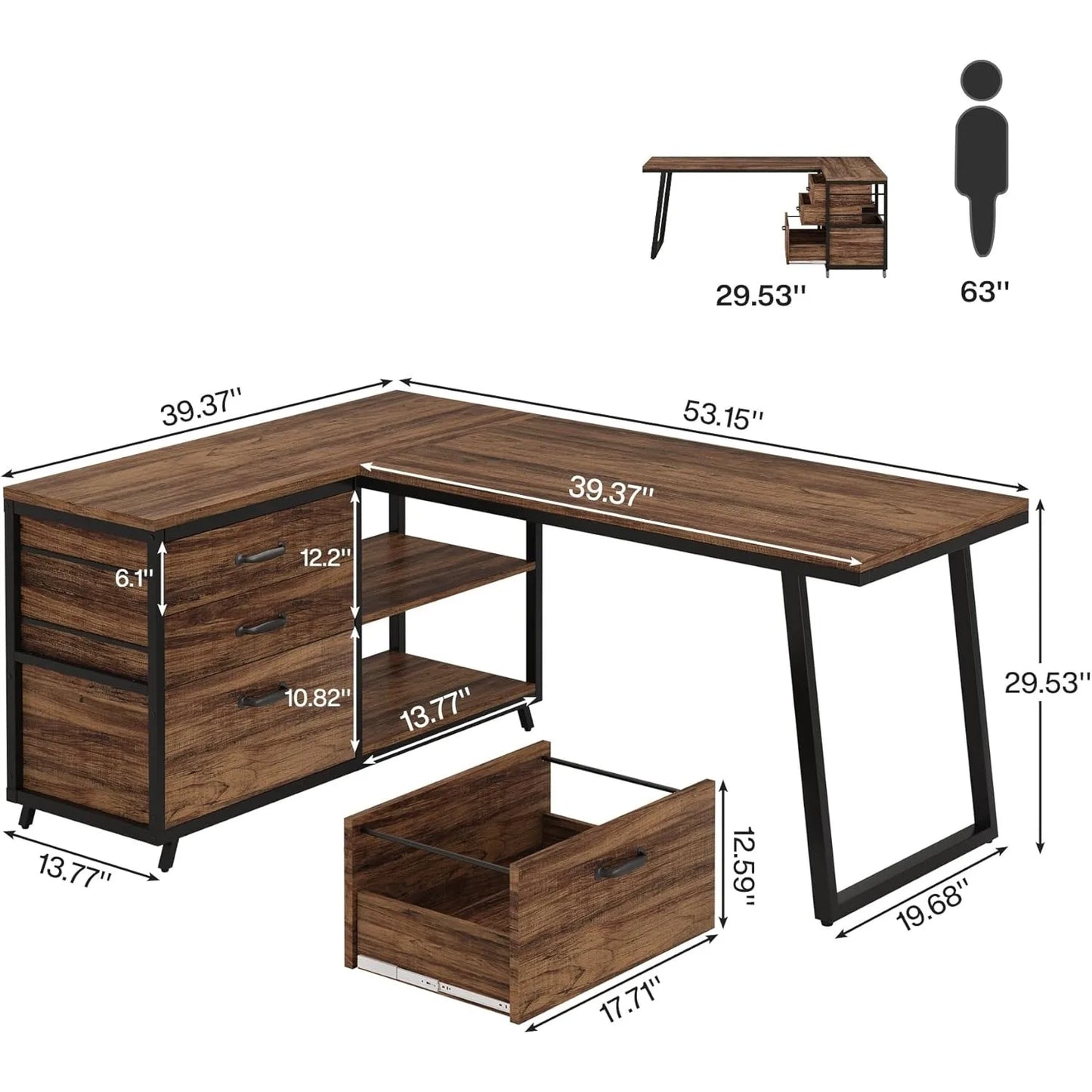 L-Vormig Bureau – Hoekbureau – Werkplek Meubel – Computertafel – Ruimtebesparend Design – Opbergruimte Met Laden - 135 x 100 x 75 cm - Bruin