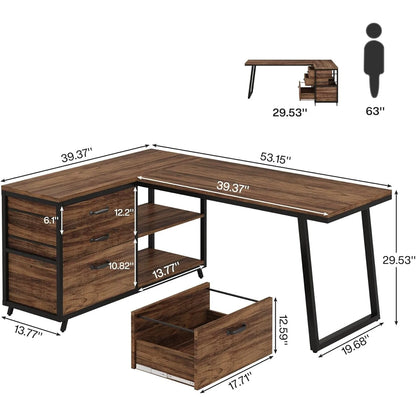 L-Vormig Bureau – Hoekbureau – Werkplek Meubel – Computertafel – Ruimtebesparend Design – Opbergruimte Met Laden - 135 x 100 x 75 cm - Bruin