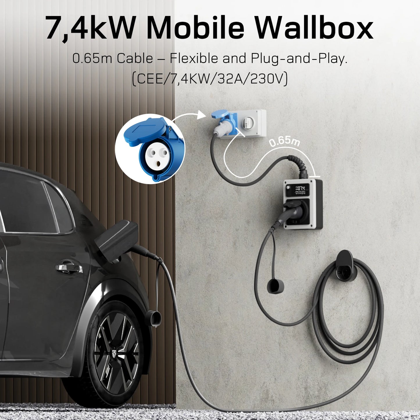 Mobiele Wallbox – Laadstation – EV Charger – Oplaadpaal – Mobiel Laadpunt – 7,4 kW 32A 1-fase – App Bediening en CEE Plug naar Type 2 - QUORE