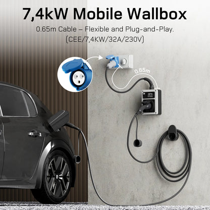 Mobiele Wallbox – Laadstation – EV Charger – Oplaadpaal – Mobiel Laadpunt – 7,4 kW 32A 1-fase – App Bediening en CEE Plug naar Type 2 - QUORE