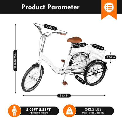 3-Wieler – Driewieler – Seniorenfiets – Comfortabele Fiets – 20 Inch Wielen – Groot Achtermandje – Verstelbaar Zadel