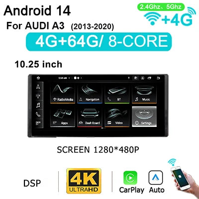 Multimedia Systeem Audi A3 – Auto Radio – Autoradio – Navigatie Systeem – Touchscreen Stereo – Android 14 – Draadloze CarPlay – Groot 12,3 Inch Scherm – 4G LTE Verbinding