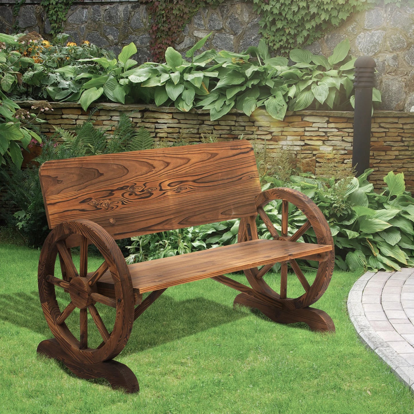 Houten Tuinbank – Buitenbank – Tuinmeubel – Rustieke Bank – Massief Dennenhout – Wagenwiel Armleuningen – Draagkracht 250 Kg