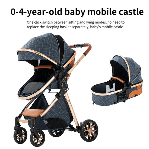 Kinderwagen - Buggy - Inklapbare Buggy - Opvouwbare Buggy - Inklapbare Buggy New Born - 3 in 1 -BabyWalker- High Landscape - ZwartGoud