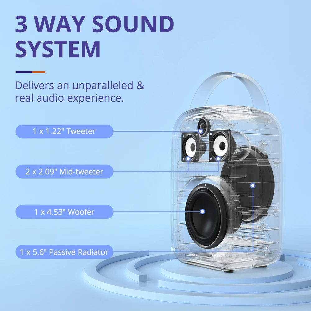 Portable Bluetooth Speaker - Portable Speaker - Party Speaker - 60W Sound - 3-Way System - Dual Audio Mode - Bluetooth 5.3 - IPX6 Waterproof - 12,000mAh - USB Charging Function
