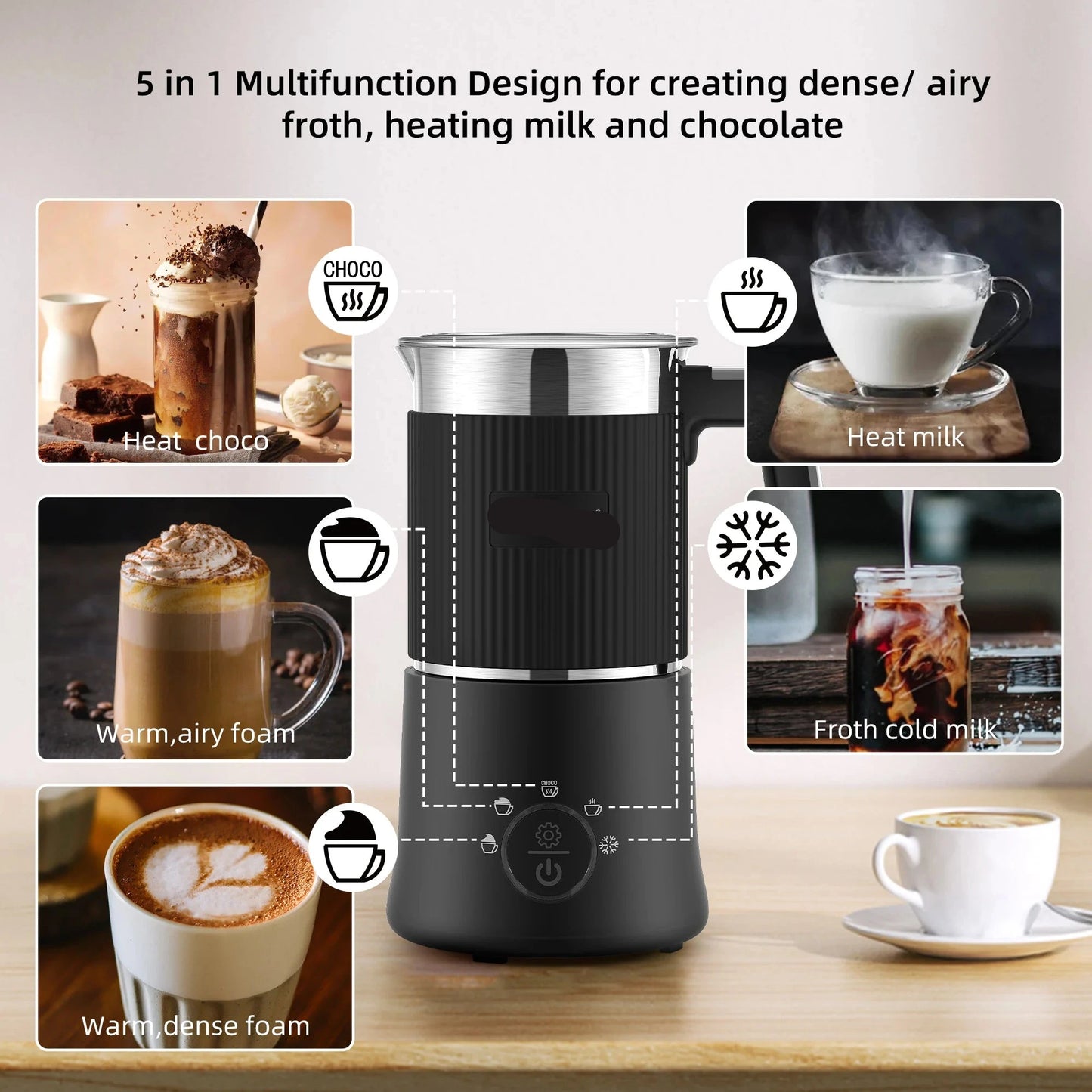 Elektrische Melkopschuimer - Afneembare - Handige Melkschuimer - Melkklopper - 5-in-1 - 350ml - Warm en Koud Opschuimen - Verwarmen - Cappuccino Maken - RVS - Vaatwasserbestendig