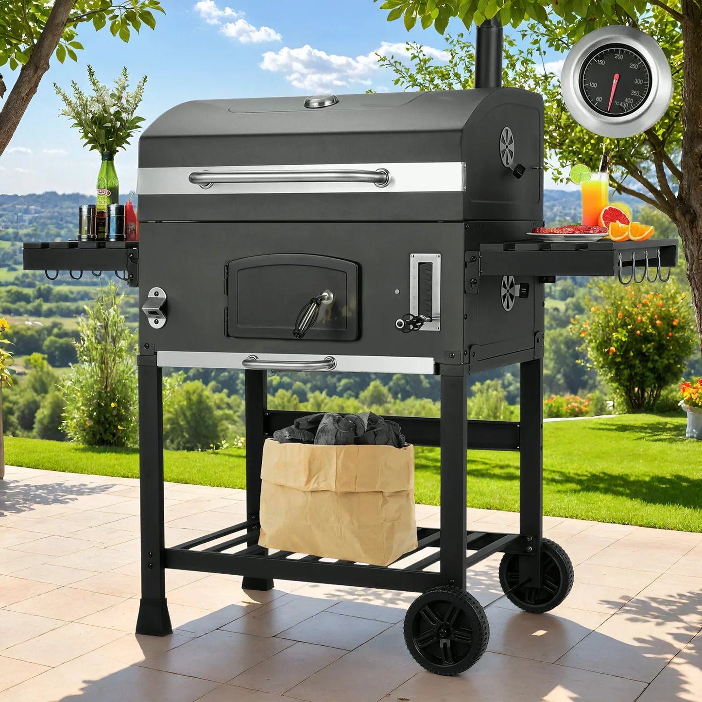 Houtskool Barbecue Trolley – Grote BBQ – BBQ Wagen – Houtskool Grill – Buitenbarbecue – Extra Groot Grilloppervlak – Ingebouwde Thermometer