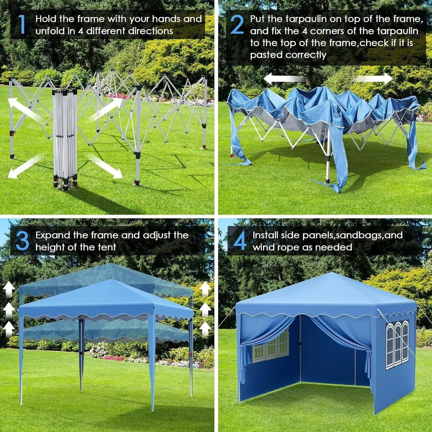 Partytent Opvouwbaar - Tuinpaviljoen - Easy Up Partytent - 3x3m - Pop Up Canopy - Zijwanden – Outdoor Winter Gazebo – Verstelbare - Hoogte Poten – Ramen - Draagtas - UV - Bescherming - Blauw - QUORE