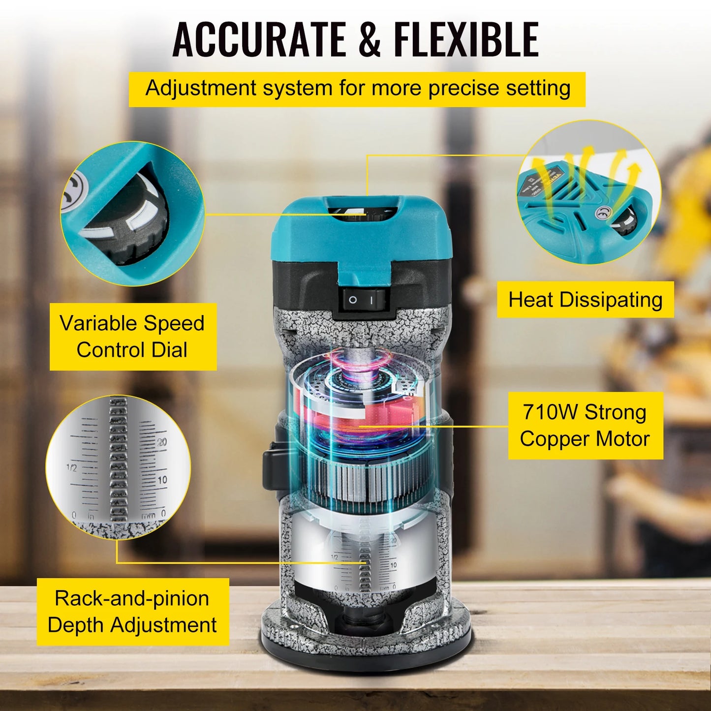 Elektrische Handtrimmer - Met Drie Gereedschapshouders - Vaste Basis - Aluminium Behuizing - Rotatie Van 13k-33k Rpm - 710W