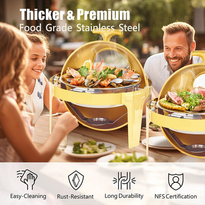 Chafing Dish - Warmhoudplaat - Buffetwarmer - Warmhoudbakken - 6QT - Roestvrijstalen Buffet Set - Rond Ontwerp – Dik Frame – Geschikt voor Catering, Feesten & Bruiloften - Goud