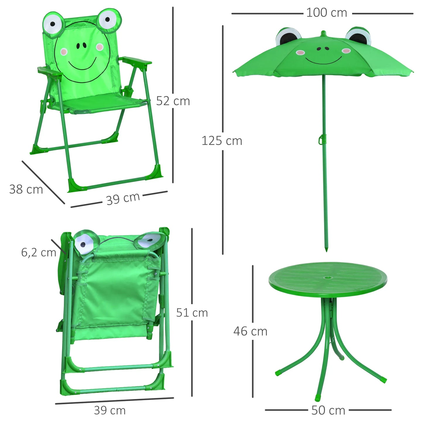 Kinder Tuinmeubelen - Kinder Tuinset - Tuintafel met Stoelen - met Verstelbare Paraplu - Opvouwbare - Stalen Tafel en Stoelen - voor Balkon - Balkonset 2 Personen - Groen - QUORE