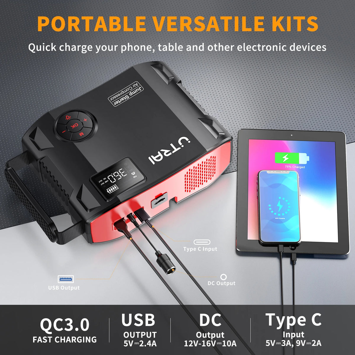 Utrai - JS-5 - Jumpstarter voor Auto - Startkabels - Starthulp - Luchtcompressor - 150PSI - 4 in 1 - 12V - 2000A - Jumpstarters - Powerbank 16000mAh - Zwart - QUORE