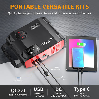 Utrai - JS-5 - Jumpstarter voor Auto - Startkabels - Starthulp - Luchtcompressor - 150PSI - 4 in 1 - 12V - 2000A - Jumpstarters - Powerbank 16000mAh - Zwart - QUORE