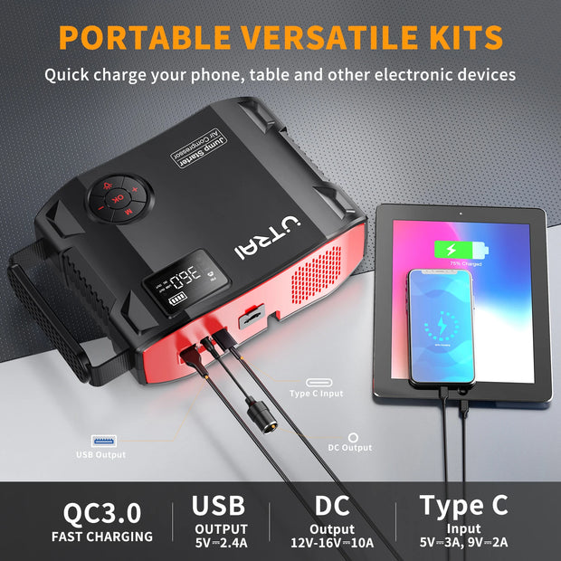 Utrai - JS-5 - Jumpstarter voor Auto - Startkabels - Starthulp - Luchtcompressor - 150PSI - 4 in 1 - 12V - 2000A - Jumpstarters - Powerbank 16000mAh - Zwart