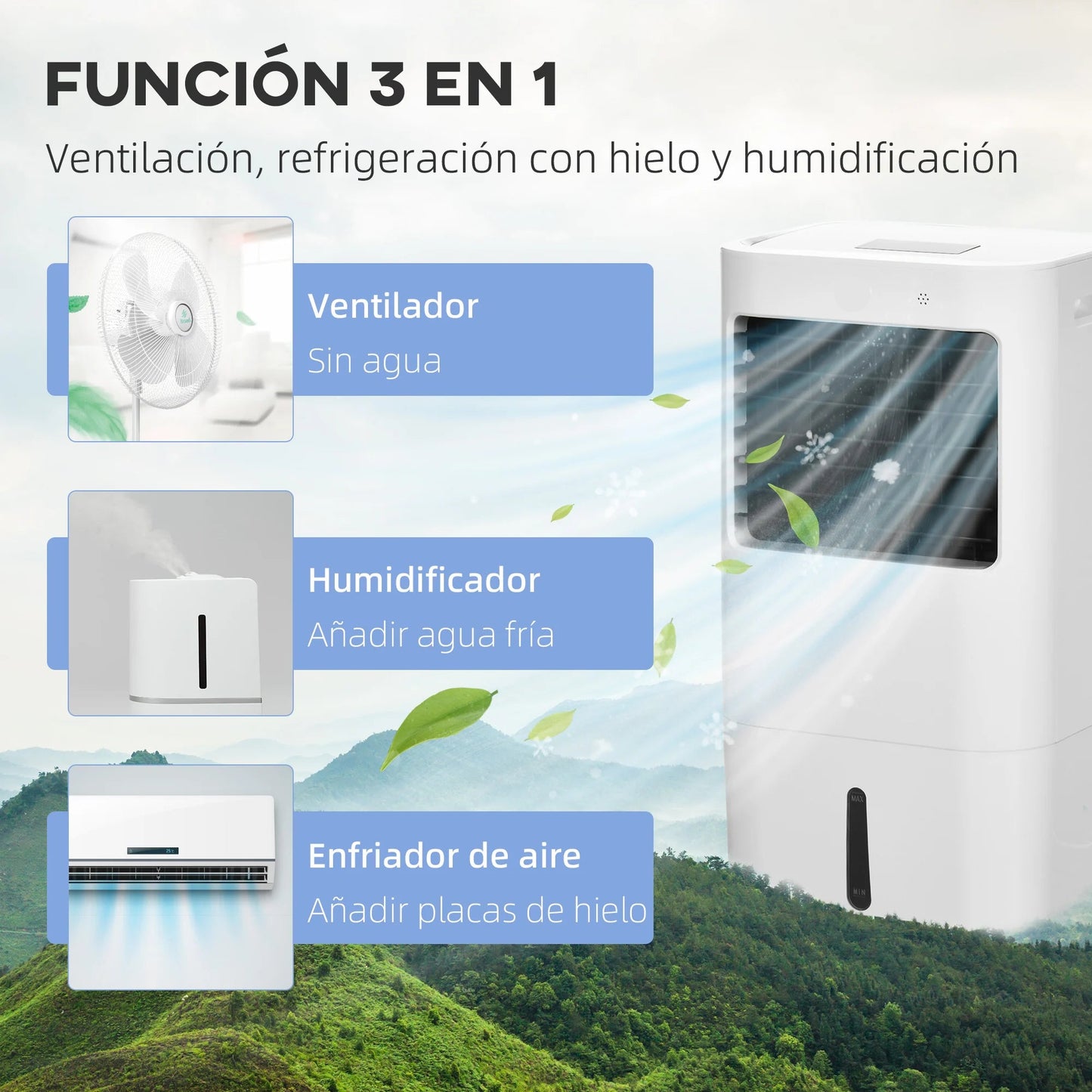 Mobiele Airco - Draagbare Airconditioning - Mini-Airconditioning - Verdampings Luchtbevochtiger - met Wielen - 15L Reservoir - voor Koeling - Ventileren - 65W - 62dB - 15-20 m² - 220-240 V/50HZ  - 32 x 37 x 74 cm - Wit