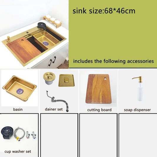 gold Waterfall faucet kichen sink Nano sink 304 Stainless Steel Golden Topmount Single Bowl Wash Basin 4 function kitchen faucet