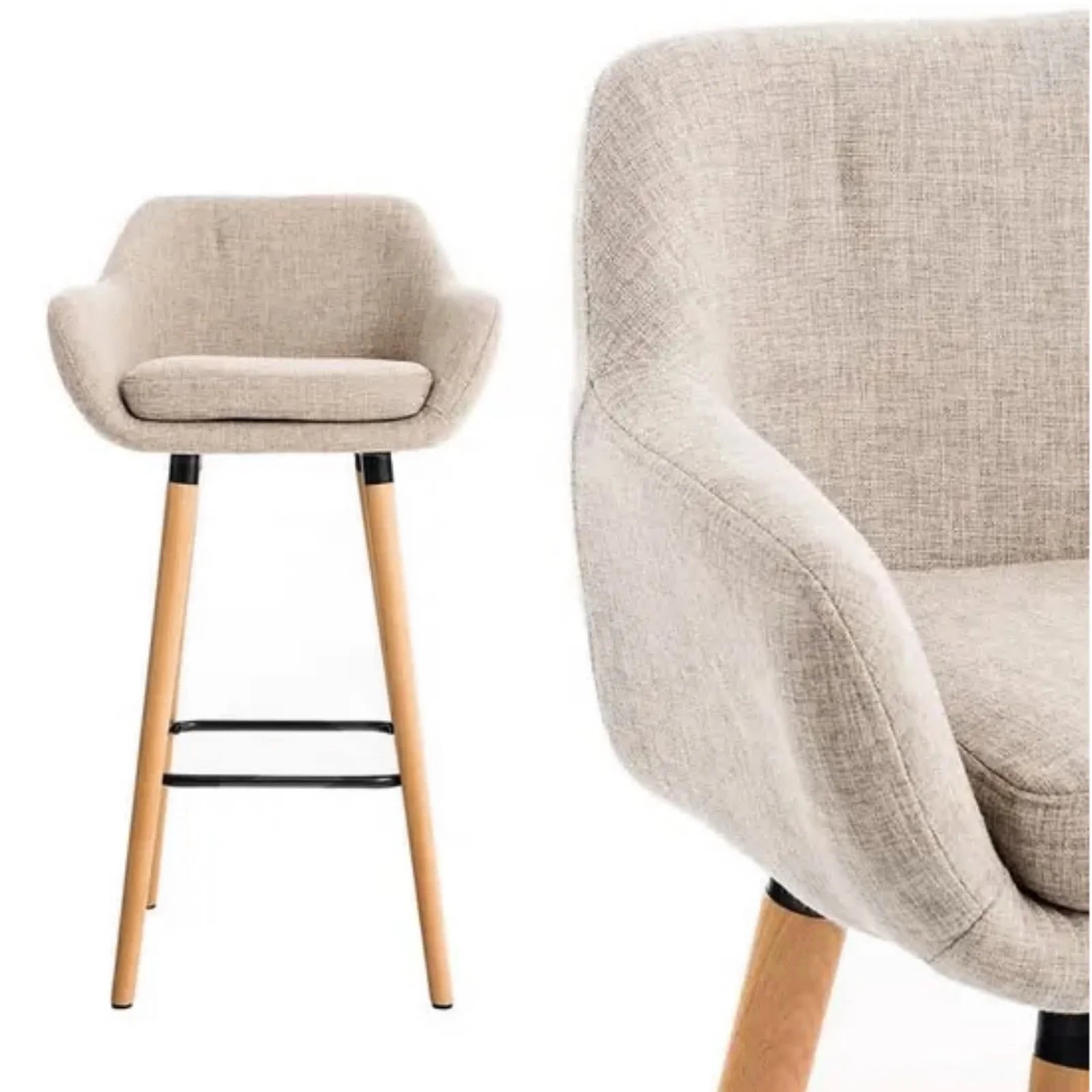 Set of 2 Bar Stools, with Backrest and Footrest, High and Padded Chair, Linen Surface, Solid Wood Legs, in Quilted Fabric - QUORE