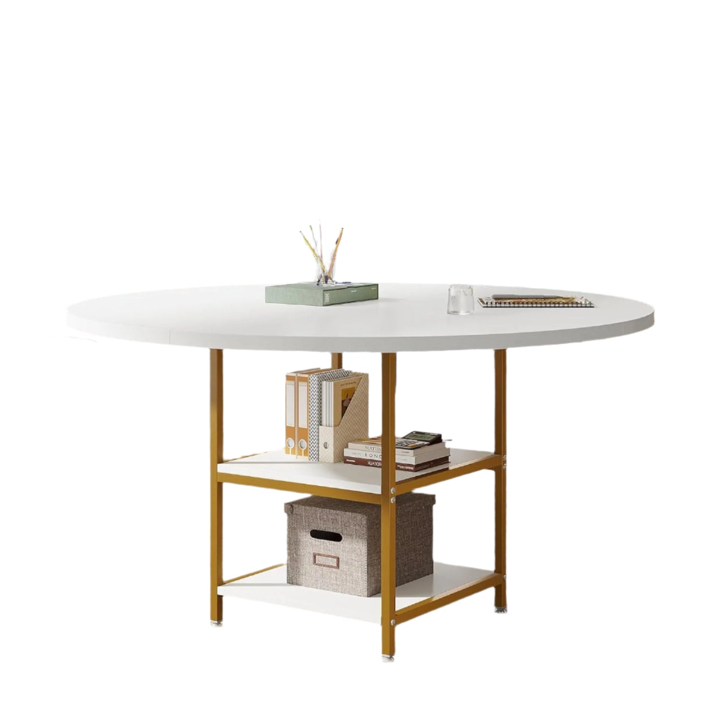 Ronde Vergadertafel – Meetingtafel – Overlegruimte – Werktafel – Conferentietafel – 120 Cm Diameter – Wit Tafelblad – Met Opbergruimte - 120 x 120 x 75 cm - Wit-Goud