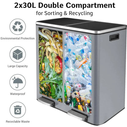 Prullenbak – Afvalbak – Vuilnisbak – Afvalcontainer – 60 Liter – Roestvrij Staal – Soft-Close Deksel - QUORE