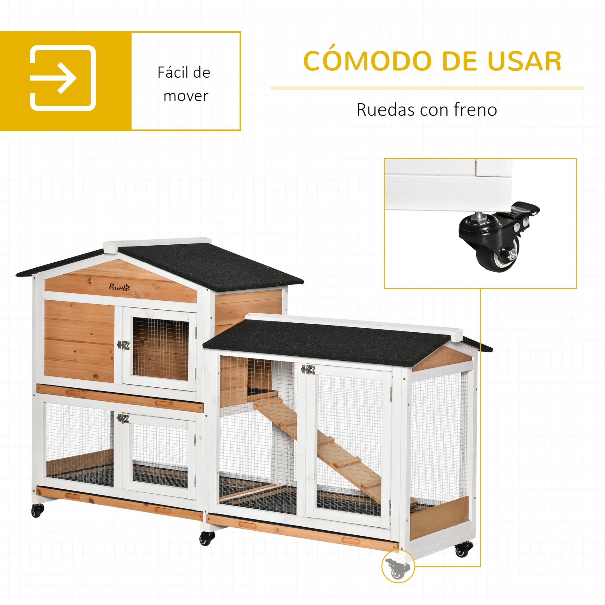 Houten Konijnenhok – Knaagdierkooi – Buitenhok – Cavia Verblijf – Dierverblijf – Met Wieltjes – Natuurlijk Houten Dak Met Asfaltlaag – 157,4 x 53 x 99,5 cm - QUORE