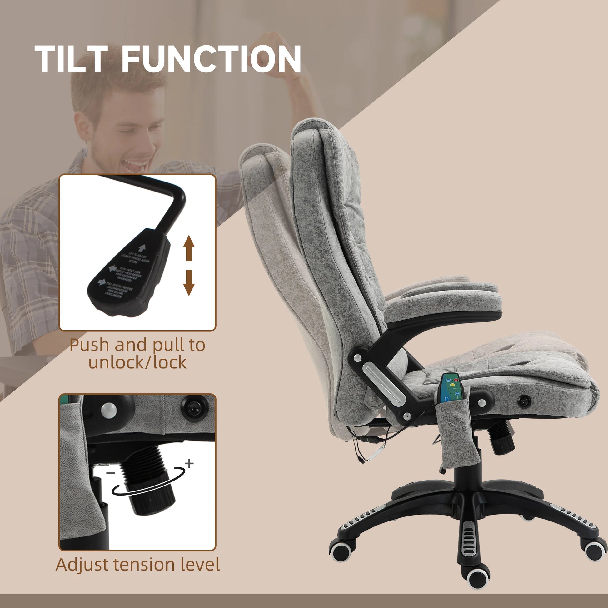 Multifunctionele Bureaustoel – Ergonomische Stoel – Massage Stoel – Comfortabele Bureaustoel – Verstelbare Rugleuning – 6 Massagepunten – Warmtefunctie - 68 x 72 x 110-120 cm - Grijs - QUORE