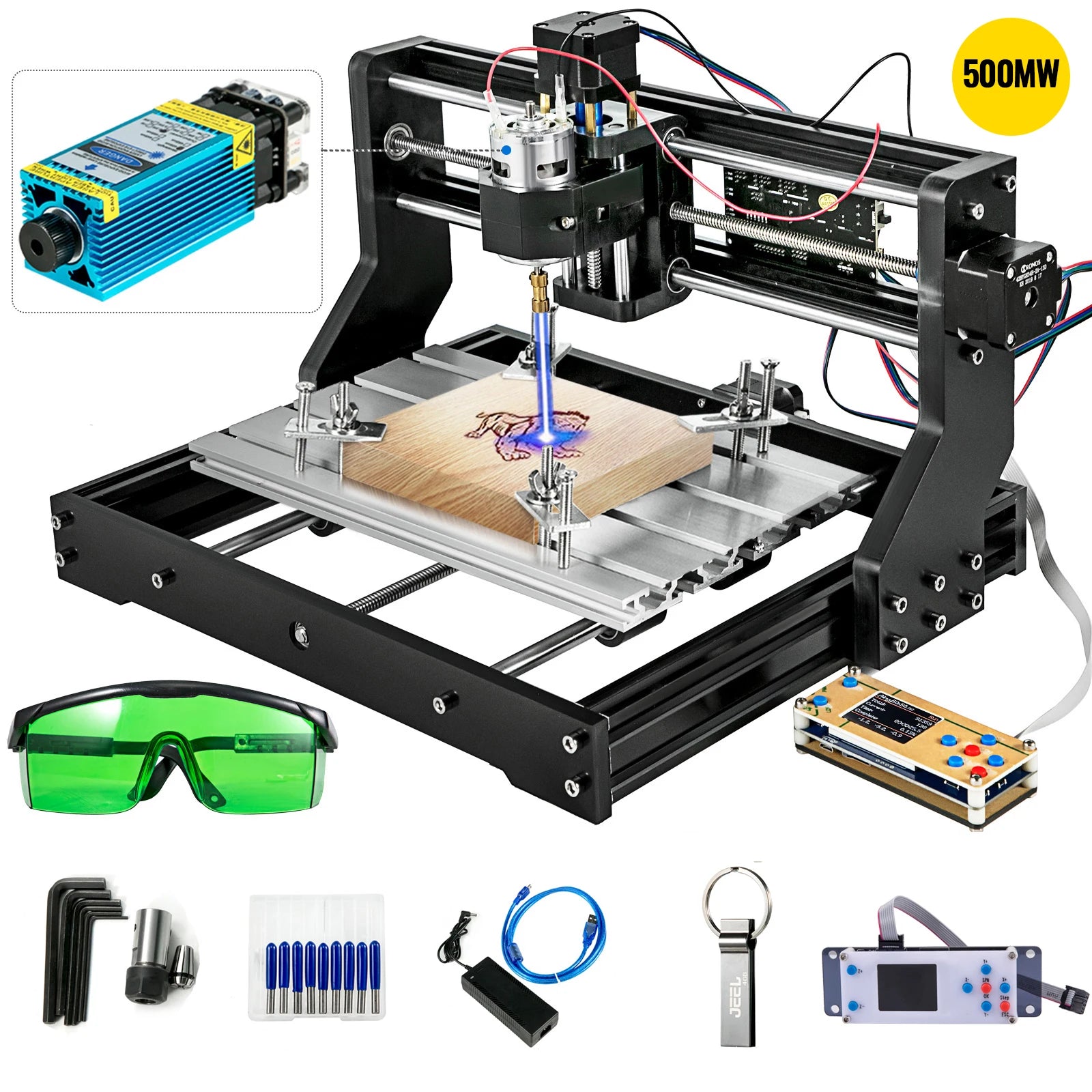 Laser graveermachine - Lasersnijmachine - Lasergraveren - Lasersnijmachine - 3018 PRO 0,5W Laser - met Lasermodule 3-assig - voor doe-het-zelf houtbewerking - QUORE