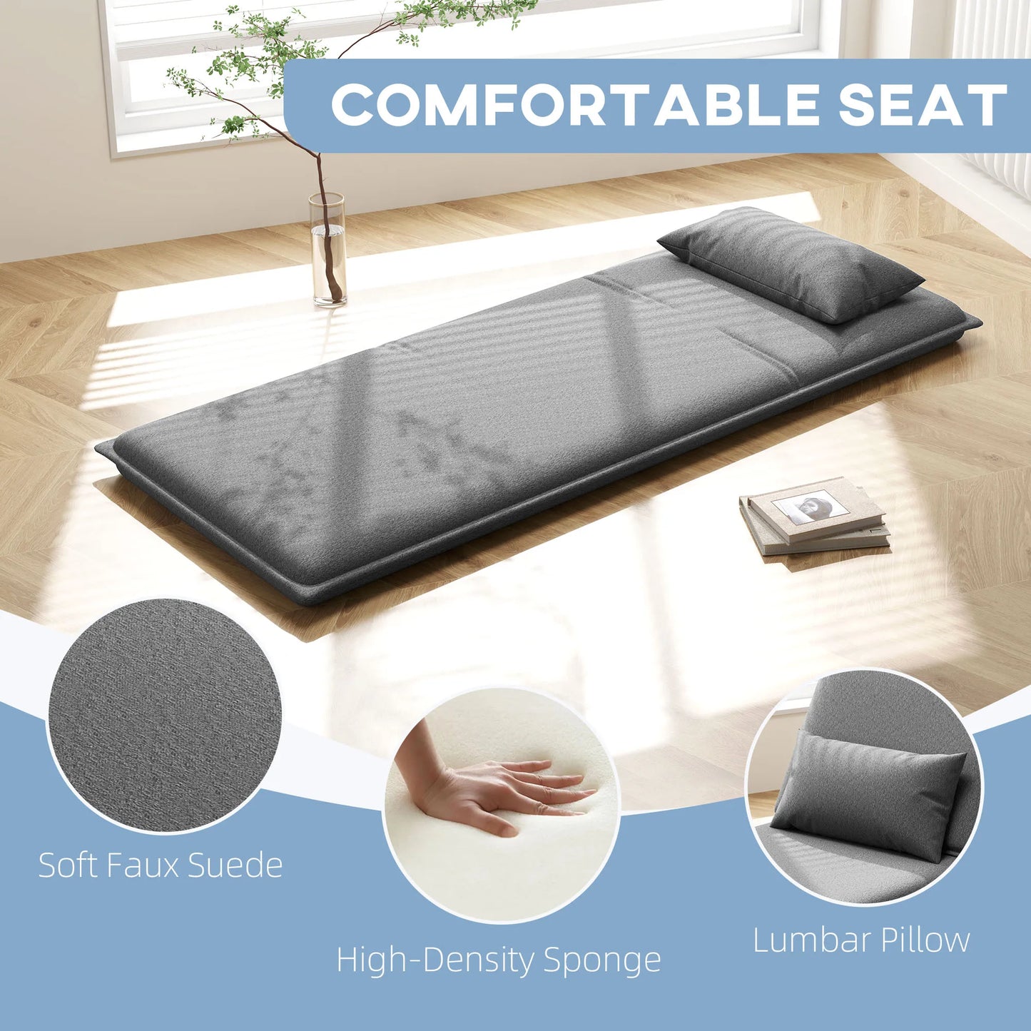 Vloerstoel – Zitstoel – Loungestoel – Slaapstoel – Inklapbaar – 6 Verstelbare Posities – Kunstleer Bekleding - 75 x 81 x 68 cm - Grijs - QUORE