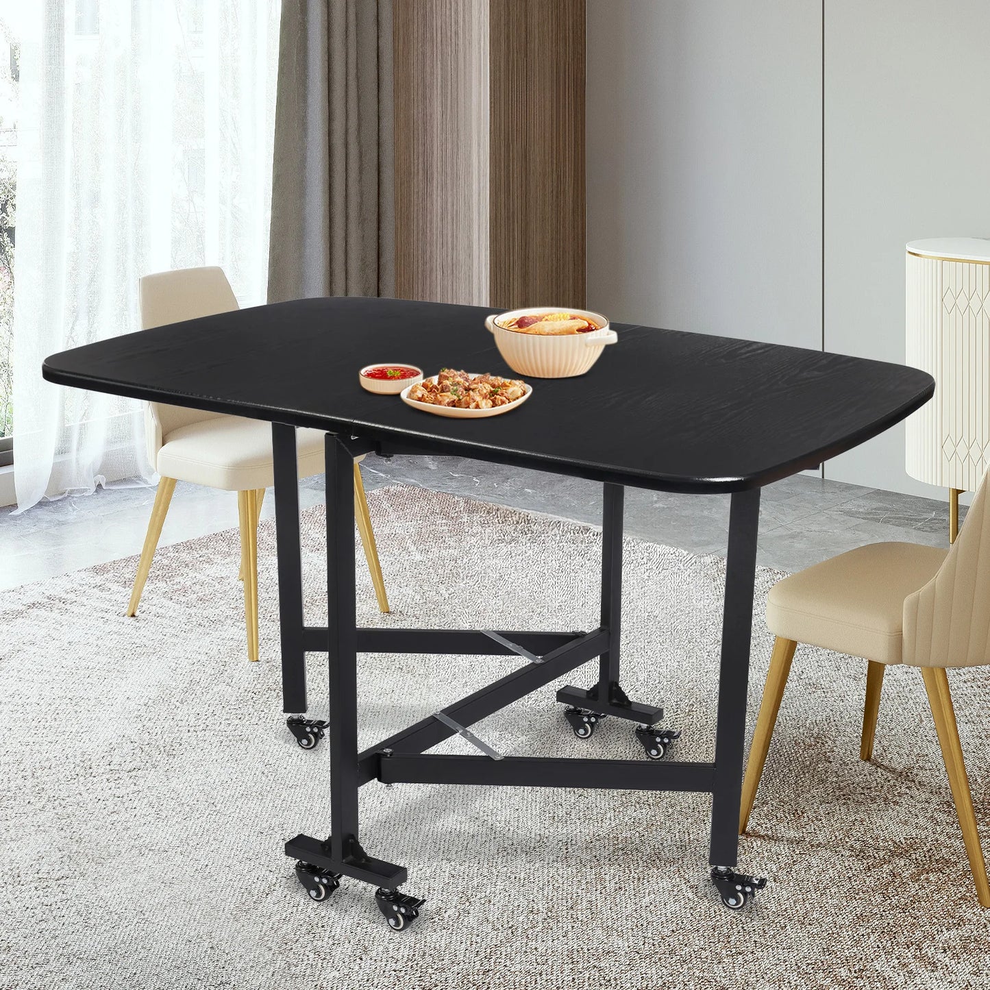 Multifunctional Foldable Dining Table Small Kitchen Table Black with 6 Brake Castors  in 3 Shapes 120 x 80 x 75 cm - QUORE