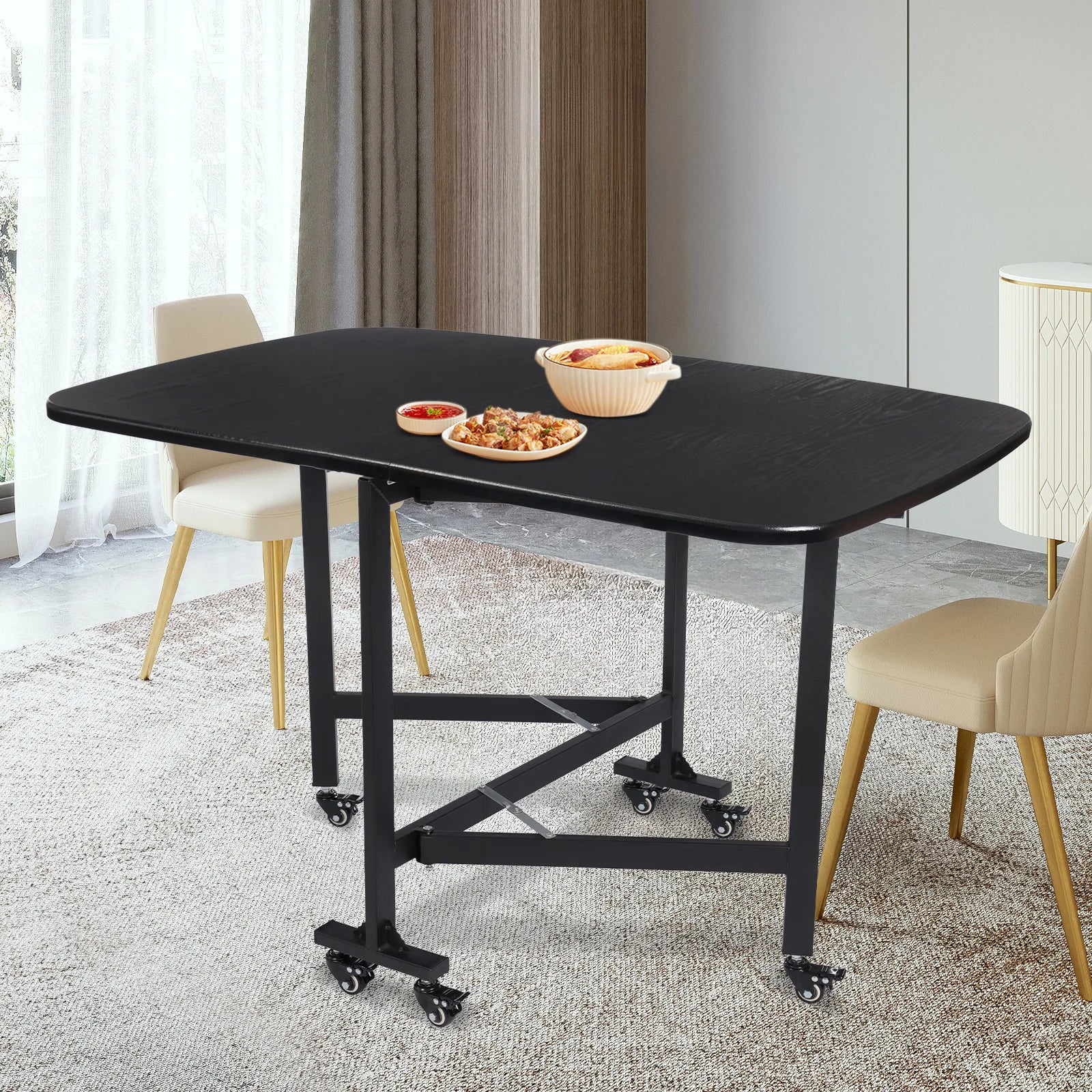 Multifunctional Foldable Dining Table Small Kitchen Table Black with 6 Brake Castors  in 3 Shapes 120 x 80 x 75 cm - QUORE