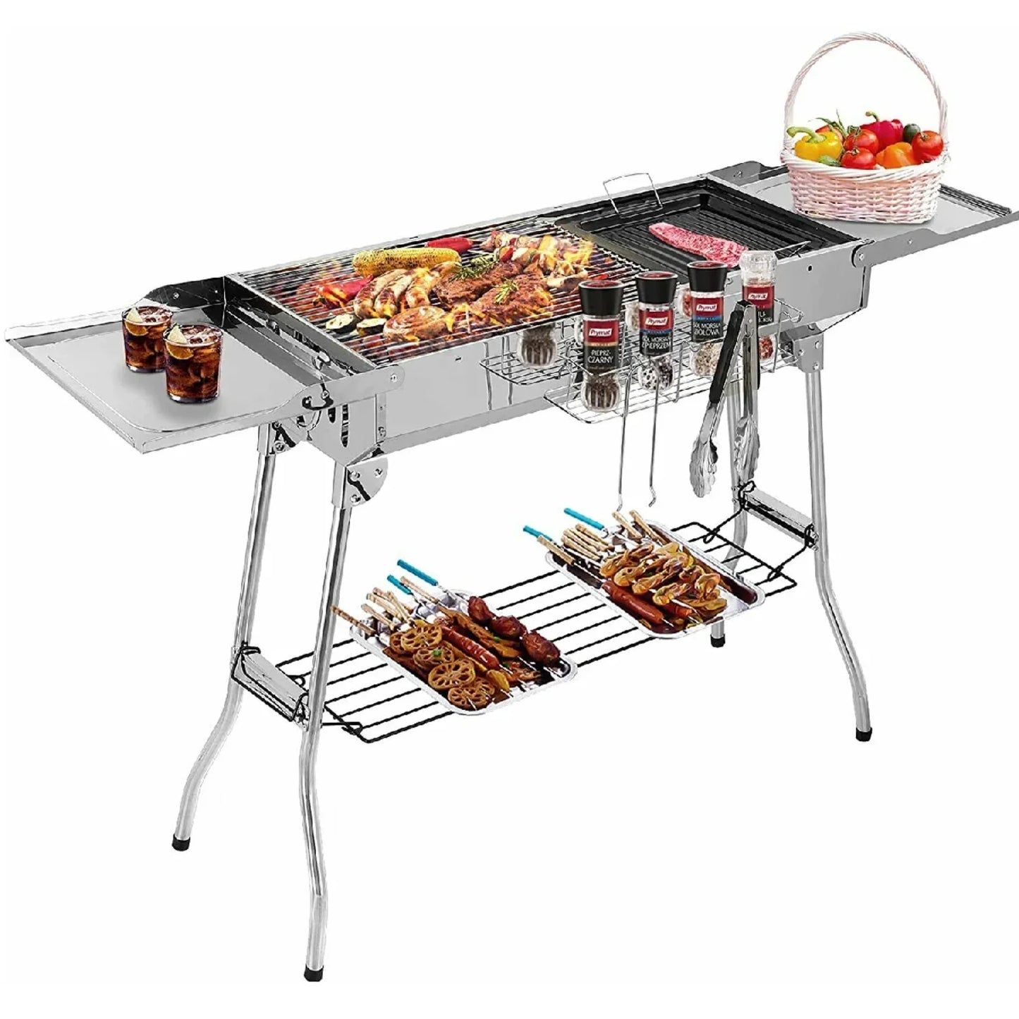 RVS Houtskool Barbecue – Opvouwbare Draagbare BBQ – 122x30x75 cm – Ideaal voor Camping, Tuin & Buiten koken – Grillbarbecue van Roestvrij Staal