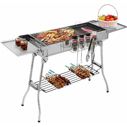 RVS Houtskool Barbecue – Opvouwbare Draagbare BBQ – 122x30x75 cm – Ideaal voor Camping, Tuin & Buiten koken – Grillbarbecue van Roestvrij Staal
