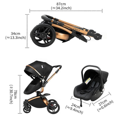 Kinderwagen - 3-in-1 Baby Stroller - Wandelwagen - Buggy - Opvouwbaar & Compact – Multifunctioneel – Inclusief Autostoel - PU Leren Bekleding - Oranje