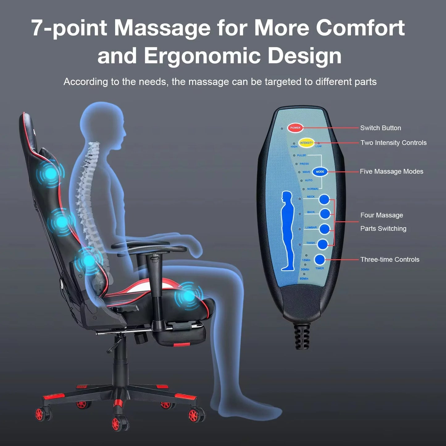 Gamingstoel – Bureaustoel – Office Chair – Gamestoel – Stoel Met Massagefunctie – Ergonomisch Design – Verstelbare Rugleuning Tot 175° - Zwart & Red - QUORE