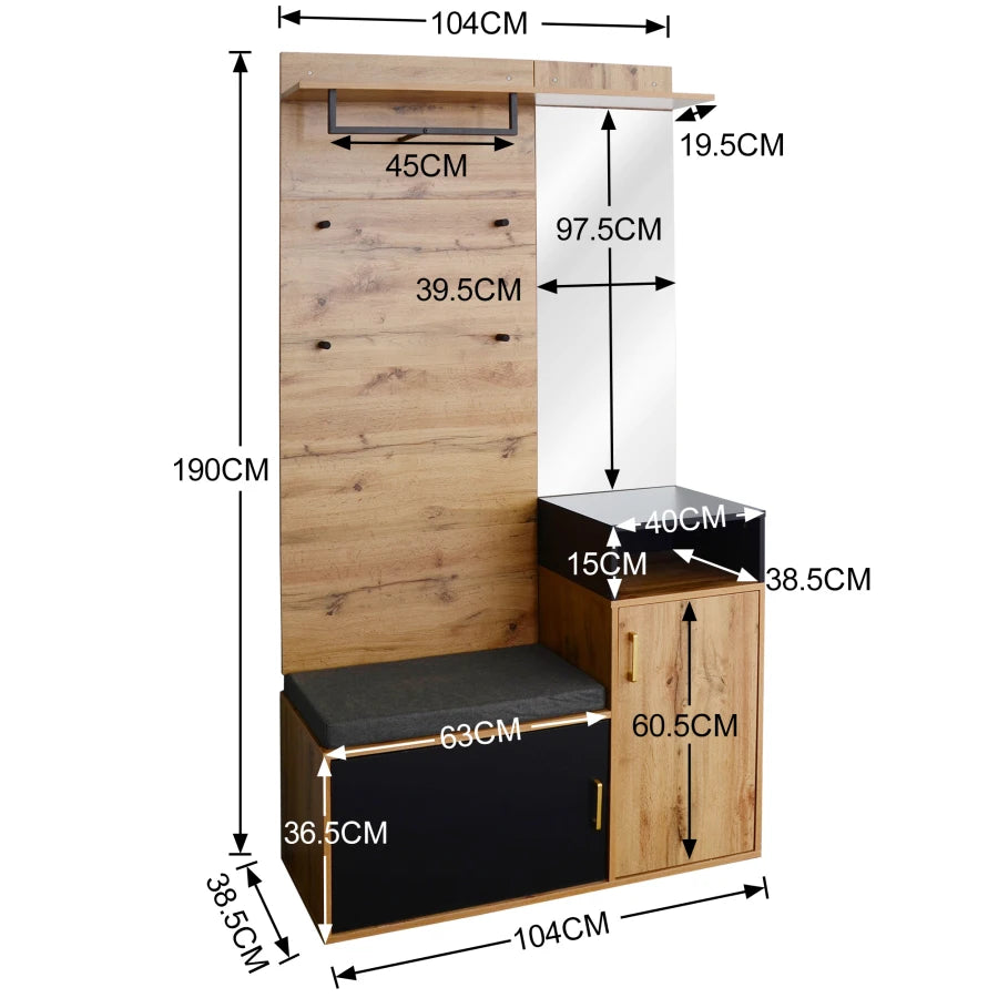 Kledingkastset - Halmeubel - Zwart en Hout - Met Spiegel - Schoenenkast - Kledinghangers - Gangbank - Wandkast - Schoenenorganizer