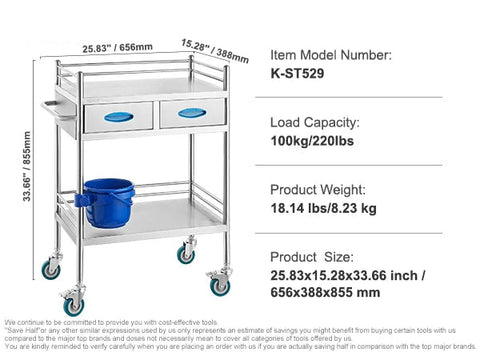Laboratoriumwagen - Wagen - Kar - Trolley - K-ST529 - 220lbs - Metalen Verrijdbare Kar - voor Laboratoriumkliniek Schoonheid en Salon