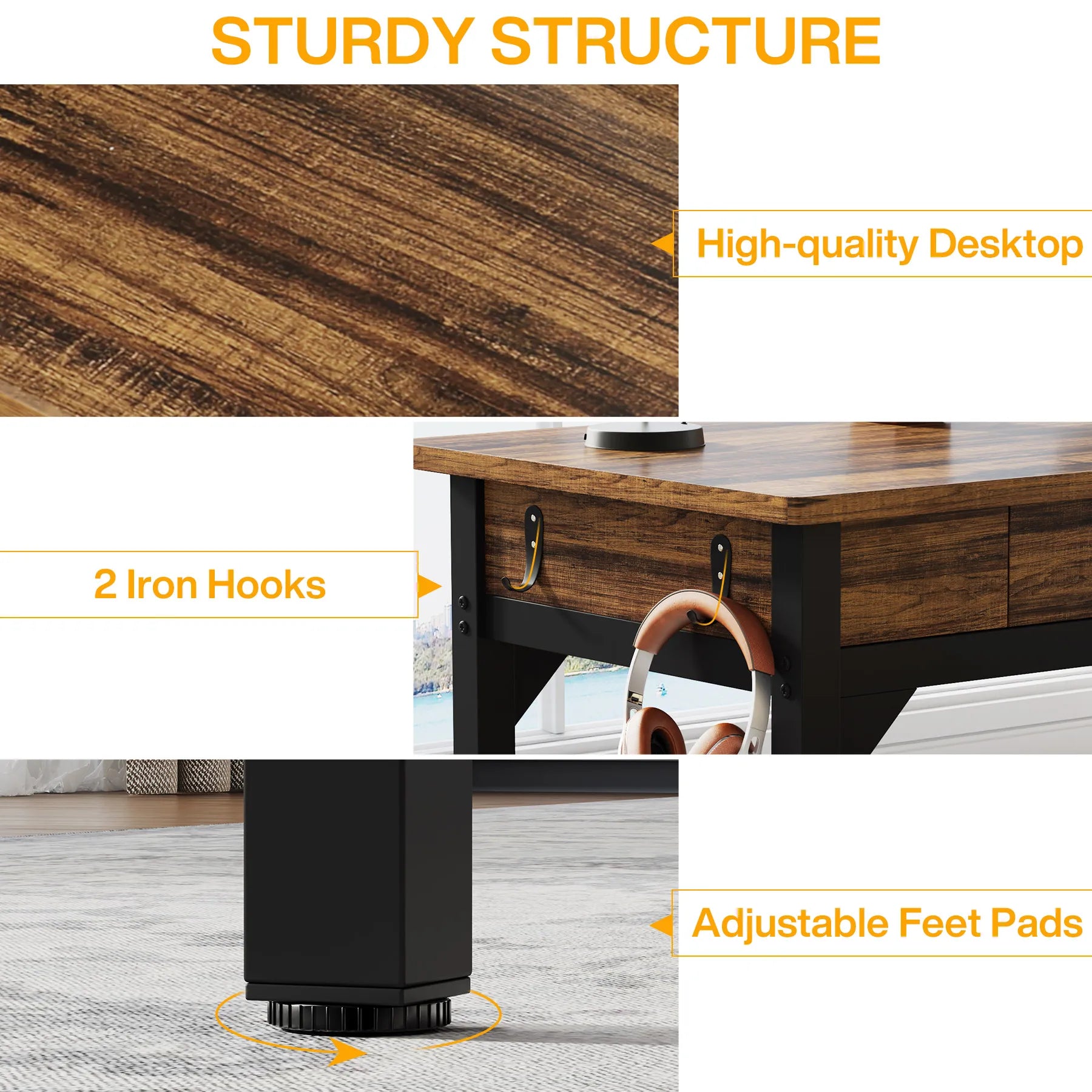Bureau – Computerbureau – Bureautafel – Schrijftafel – Dubbel bureau – Extra Lang 200 cm – Stevig Metalen Frame – 2 Laden & 2 Haken – Chocoladebruin - QUORE