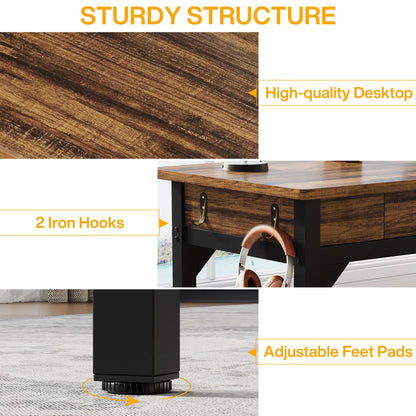 Bureau – Computerbureau – Bureautafel – Schrijftafel – Dubbel bureau – Extra Lang 200 cm – Stevig Metalen Frame – 2 Laden & 2 Haken – Chocoladebruin - QUORE