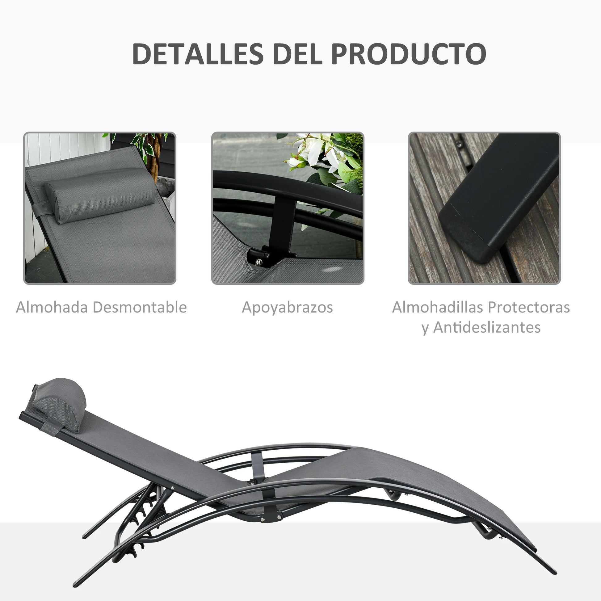 Verstelbare Lounger met Rugleuning en Afneembare Hoofdkussen - Tuinstoel voor Terras, Balkon en Zwembad - Grijze Aluminium Stoel - QUORE