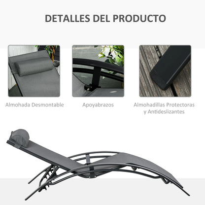 Verstelbare Lounger met Rugleuning en Afneembare Hoofdkussen - Tuinstoel voor Terras, Balkon en Zwembad - Grijze Aluminium Stoel - QUORE