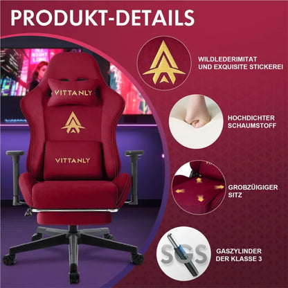 Ergonomische Gamingstoel – Bureaustoel – Bureaustoel – Gamestoel – Relaxstoel – Verstelbare Rugleuning – Ingebouwde Voetensteun – Faux Suede – 10 cm Dikke Schuimzitting – Wijnrood