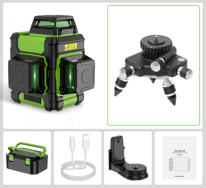 Multifunctionele 12-Lijn Laserwaterpas – Groen Laserniveau – Zelfnivellerend – 360° Projectie – USB-C Opladen – IP54 Spatwaterdicht – Magnetische Houder - met Laserniveau-adapter