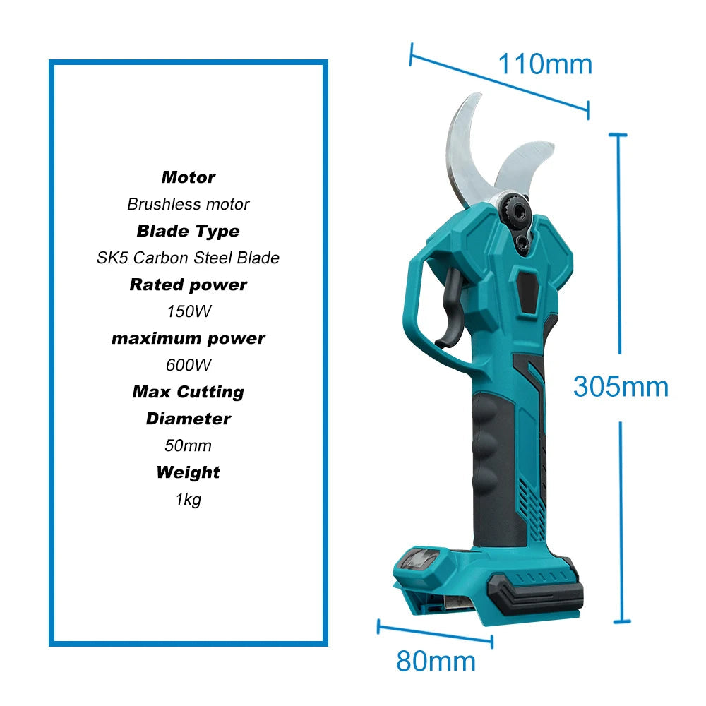 Elektrische Snoeischaar - Snoerloze Takkenschaar - Tuinschaar - Draadloze - Borstelloze Motor - met Draagtas - 50mm Snijbreedte - Koolstofstalen Mes - 2 x 5.0Ah Batterij - Oplader - Blauwgroen - QUORE