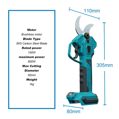 Elektrische Snoeischaar - Snoerloze Takkenschaar - Tuinschaar - Draadloze - Borstelloze Motor - met Draagtas - 50mm Snijbreedte - Koolstofstalen Mes - 2 x 5.0Ah Batterij - Oplader - Blauwgroen - QUORE
