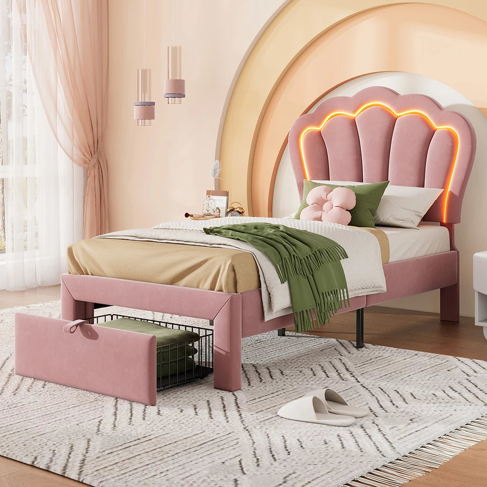Kinderbed – Eenpersoonsbed – Bed met Opbergruimte – Kinderbed Frame – Led Bed – 90x190 cm Roze – Verstelbare Hoofdsteun – RGB LED-verlichting Bediening via App