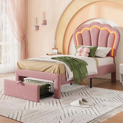 Kinderbed – Eenpersoonsbed – Bed met Opbergruimte – Kinderbed Frame – Led Bed – 90x190 cm Roze – Verstelbare Hoofdsteun – RGB LED-verlichting Bediening via App