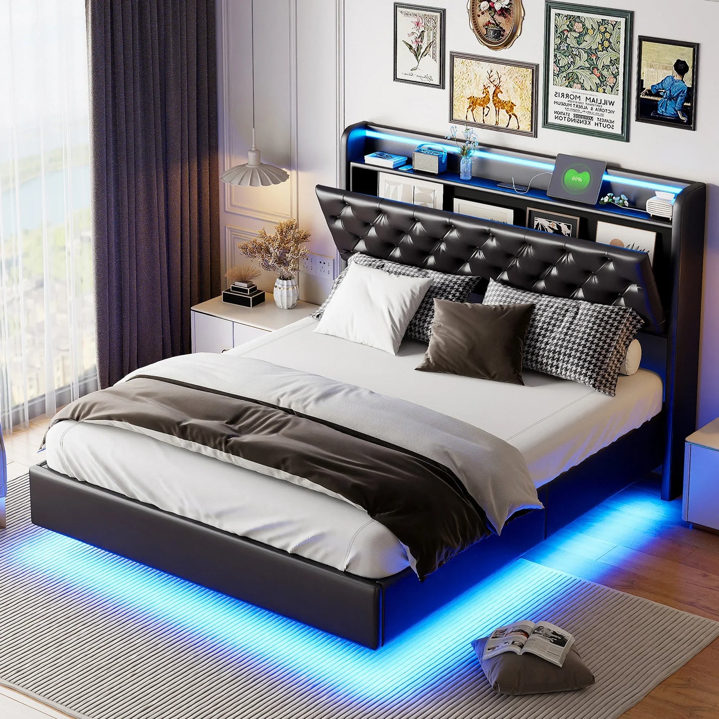 Tweepersoonsbed – Polsterbed – Opklapbed – Opbergbed – Ledikant – 140x200 cm – Kunstleer Bekleding – Ingebouwde LED-Verlichting Met Afstandsbediening