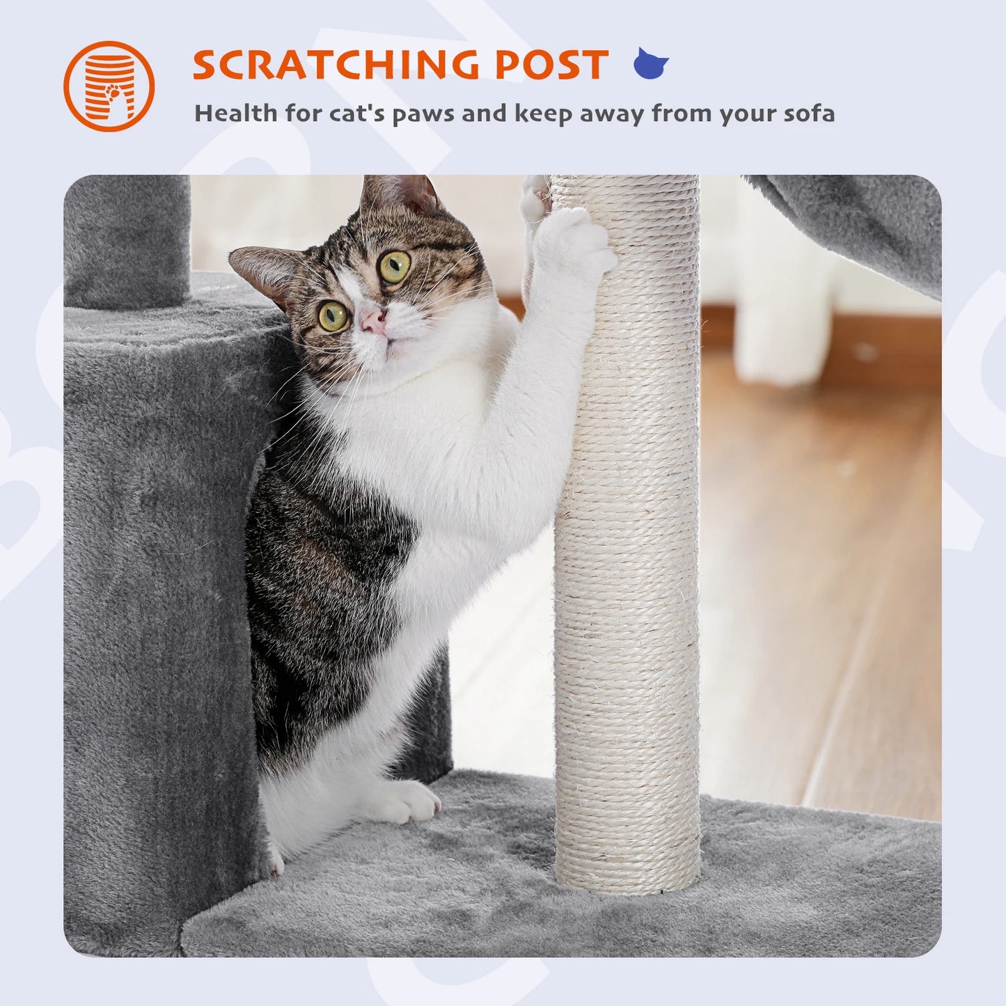 Krabpaal - voor Katten – Kattenboom - met Sisalpalen - Diepe Hangmat - Kattenhuis - Uitkijkplateau – Compact Kattenmeubel - voor Kleine Katten - Kittens - Grijs