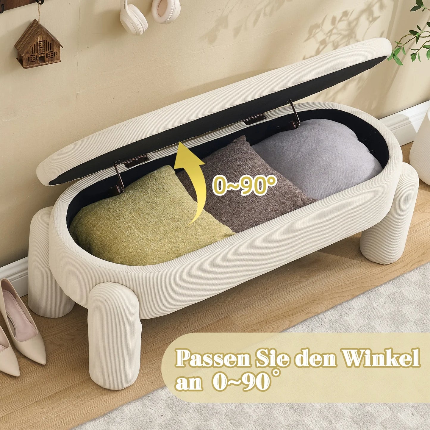 Opbergpoef – Opbergbank – Zitmeubel – Voetenbank – Opbergbox – Chenillestof Wit – Massief Houten Frame – Ruime Opbergruimte 104x36x15 cm